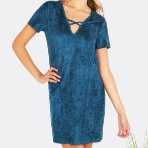 Navy Blue Short Sleeve Faux Suede Dress